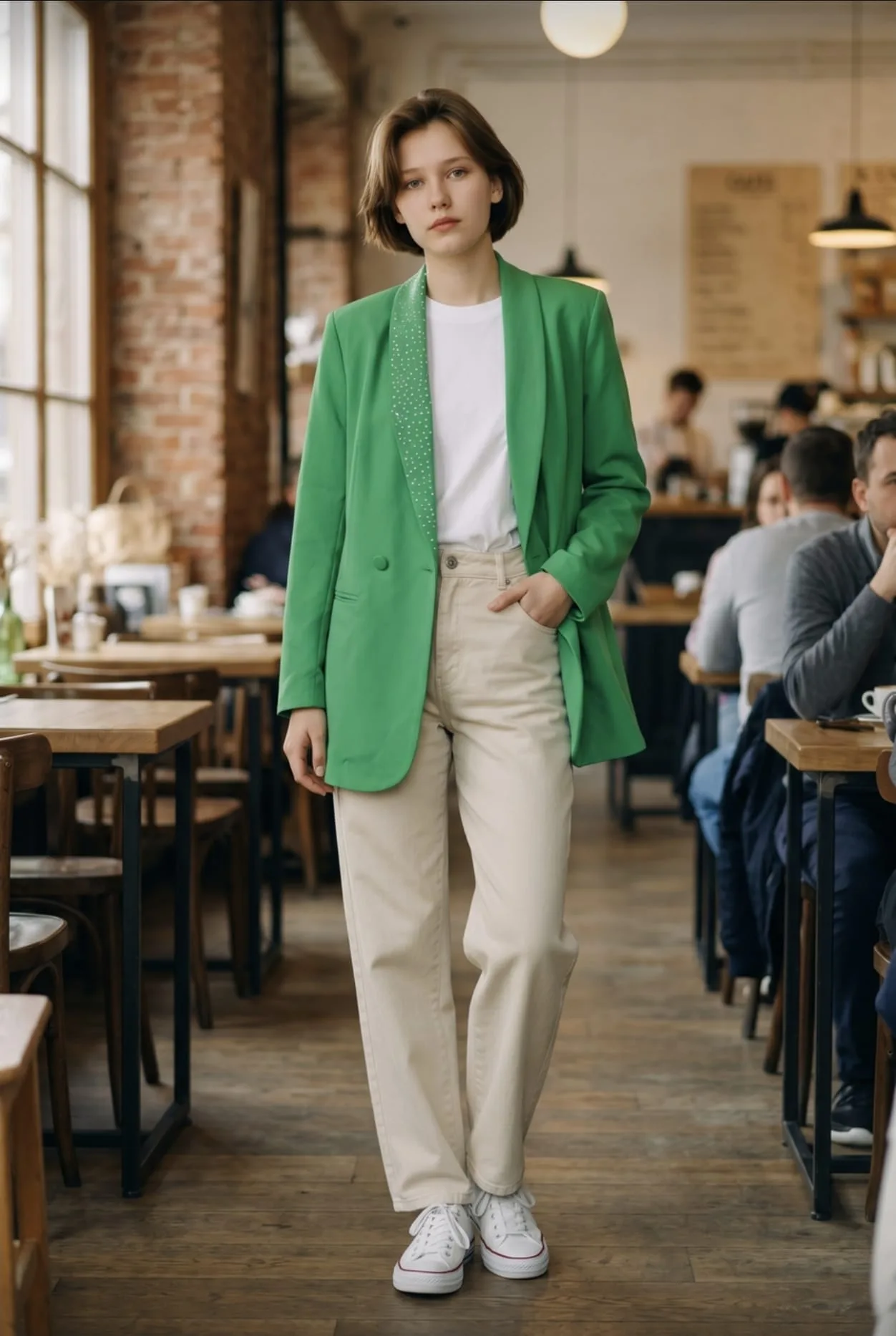 Remate de Blazer Verde Esmeralda con Cuello Strass — Talle M